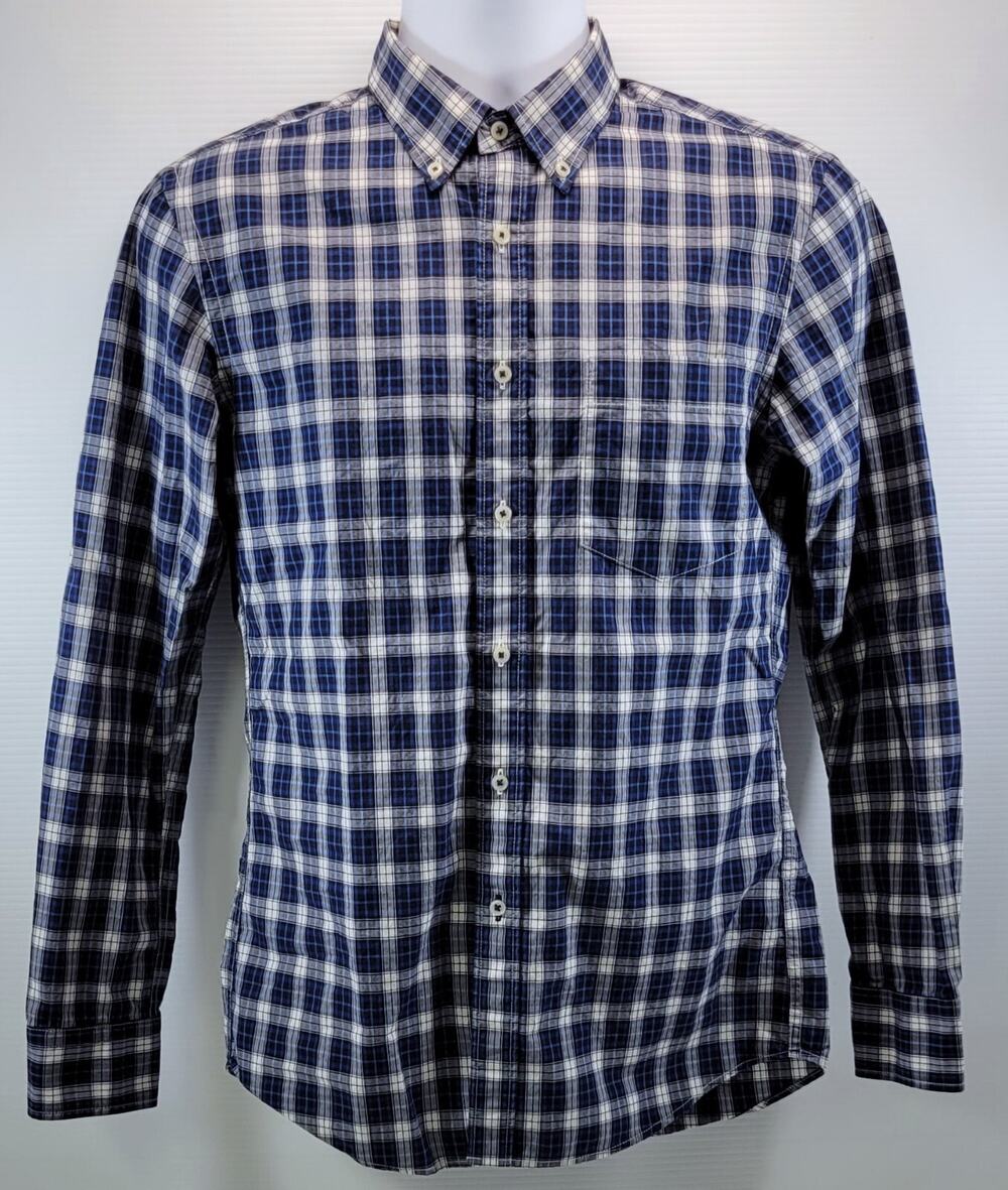 L6) Men's Uniqlo Blue Plaid Button Up Casual Long Sleeve Shirt XS